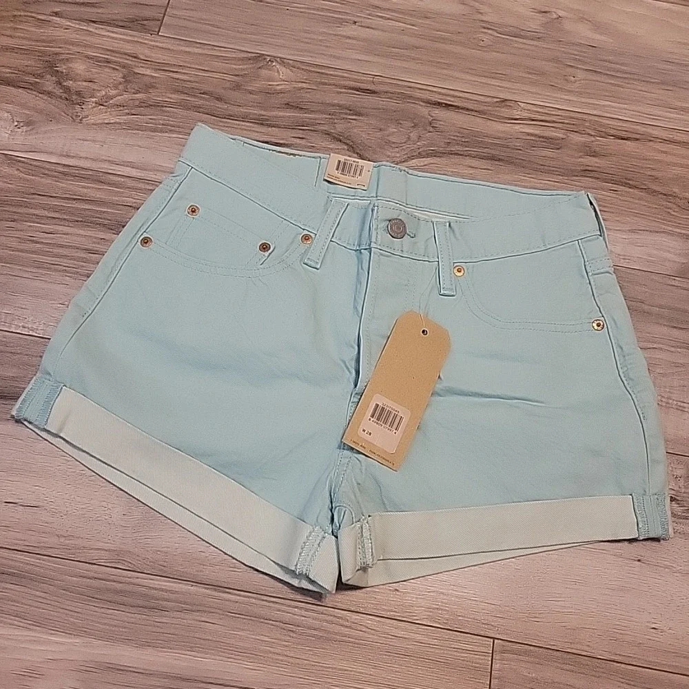 Levi's 501 Shorts Womens 28 Mint Green Mid Rise Cuff‎ Hem Denim Button Fly NEW
